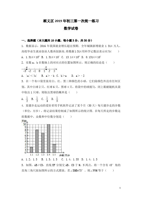 顺义区2019年初三第一次统一练习