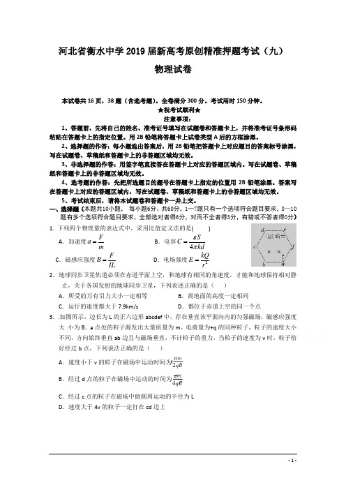 河北省衡水中学2019届新高考原创精准押题考试(九)物理试卷