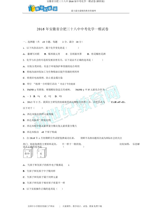 安徽省合肥三十八中2016届中考化学一模试卷(解析版)