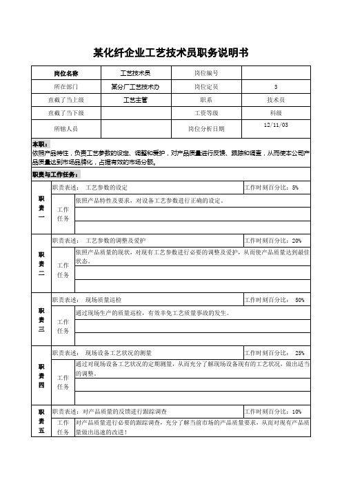 某化纤企业工艺技术员职务说明书