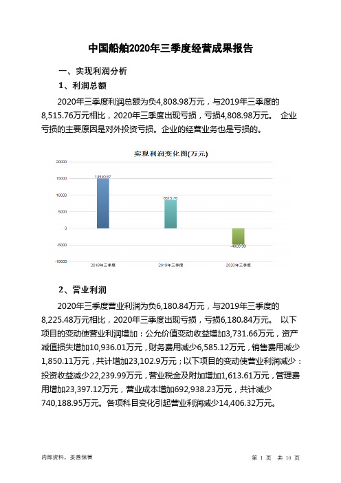 中国船舶2020年三季度经营成果报告