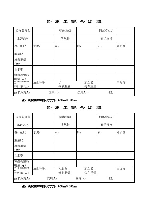 砼施工配合比牌