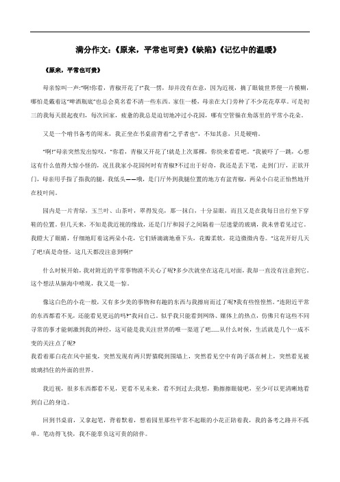 满分作文：《原来,平常也可贵》《缺陷》《记忆中的温暖》-2024年中考语文满分作文精选