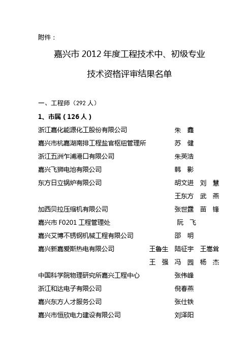 嘉兴市2012年度工程技术中初级专业技术资格评审结果