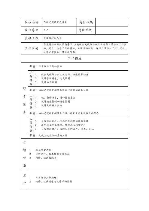 三级光缆维护线务员--工程施工类岗位职责说明书