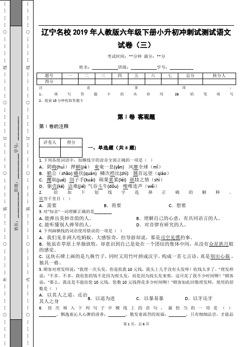 _辽宁名校2019年人教版六年级下册小升初冲刺试测试语文试卷(三)