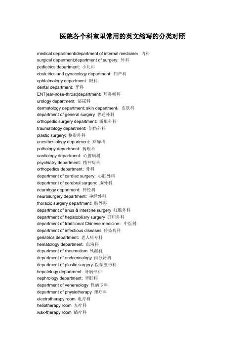 医院各个科室里常用的英文缩写的分类对照表