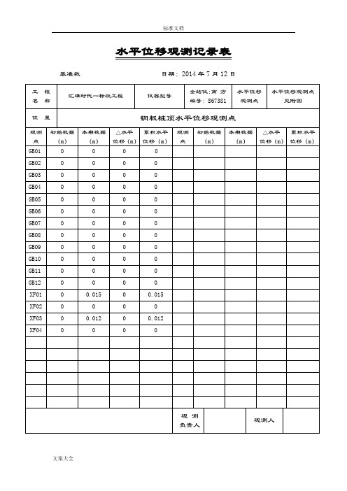 水平位移观测记录簿表