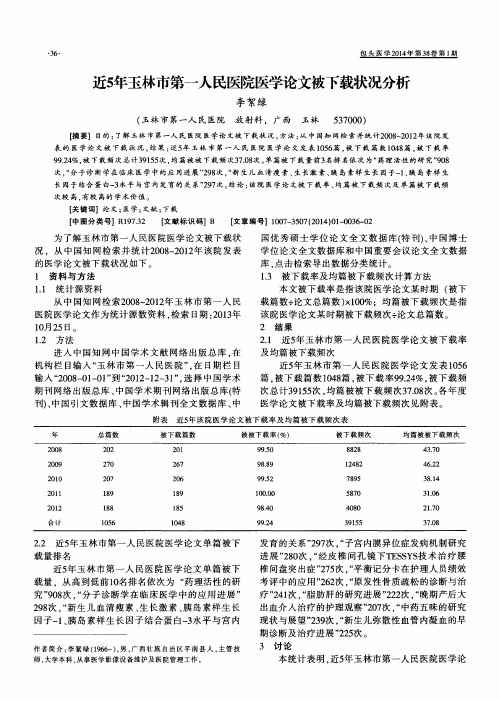 近5年玉林市第一人民医院医学论文被下载状况分析