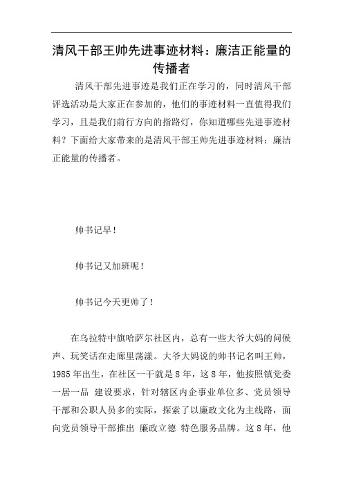 清风干部王帅先进事迹材料：廉洁正能量的传播者