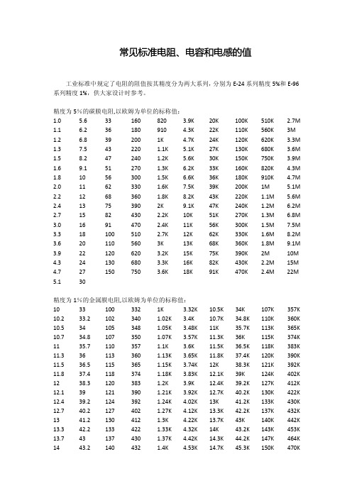 常见标准电阻、电容和电感的值