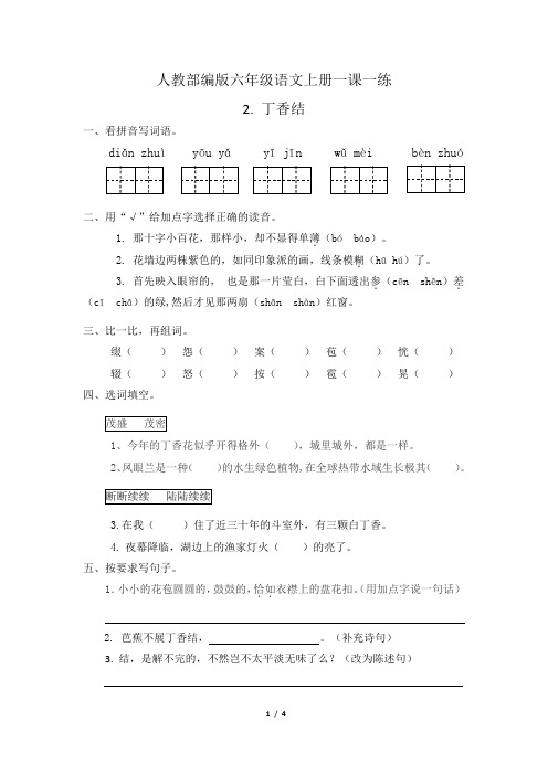 人教部编版六年级语文上册一课一练2.丁香结(有答案).