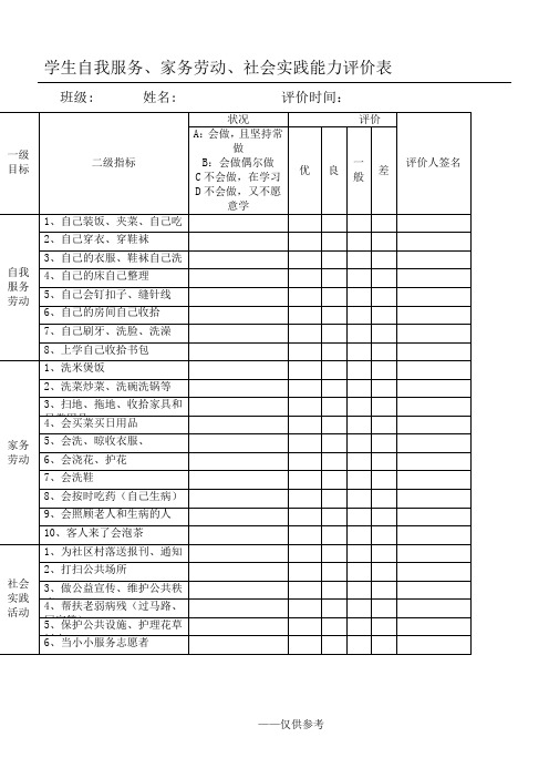 学生自我服务家务劳动社会实践能力评价表档