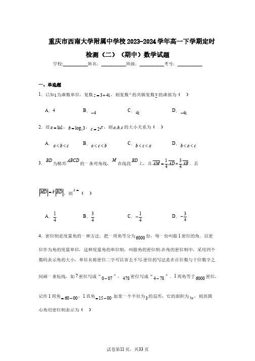 重庆市西南大学附属中学校2023-2024学年高一下学期定时检测(二)(期中)数学试题