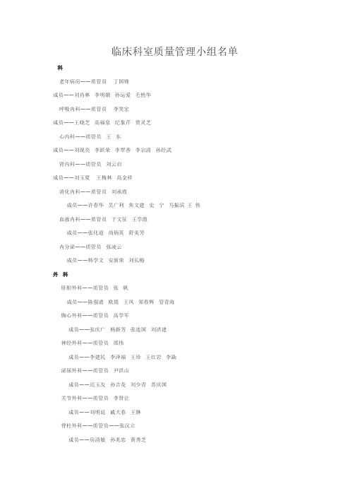 临床科室质量管理小组名单