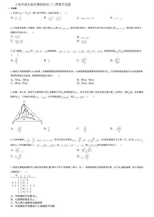 上海市浦东新区2023届高三二模数学试题