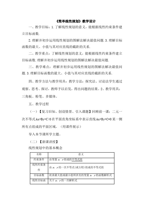 高中数学_简单线性规划教学设计学情分析教材分析课后反思