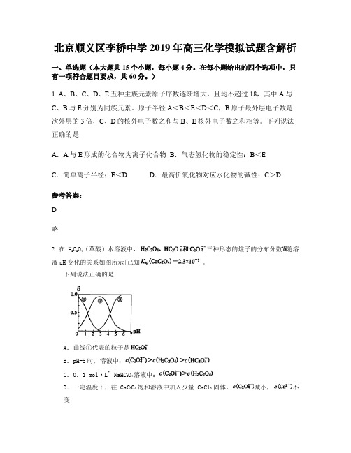 北京顺义区李桥中学2019年高三化学模拟试题含解析