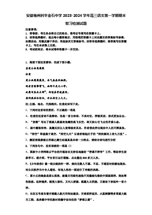 安徽亳州利辛金石中学2023-2024学年高三语文第一学期期末复习检测试题含解析