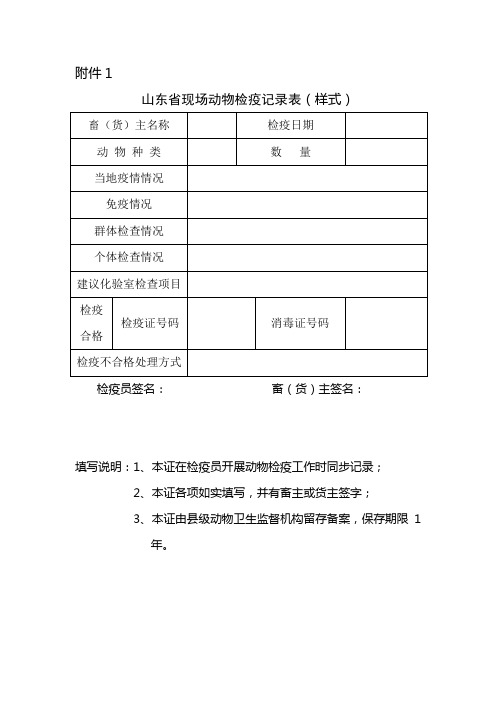 山东省现场动物检疫记录表、检疫处理通知单、检疫申报单