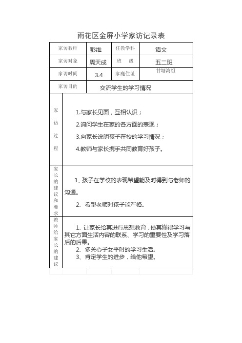 雨花区金屏小学家访记录表