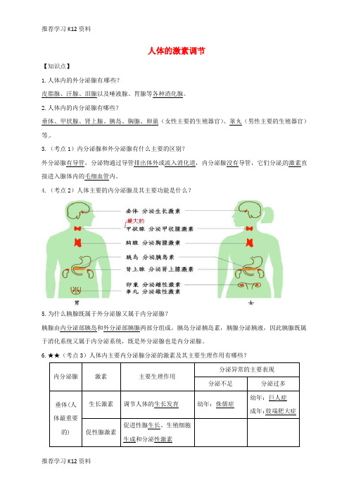 推荐学习K12七年级生物下册 第三单元 第五章 第一节 人体的激素调节知识点+巩固提高 (新版)济南