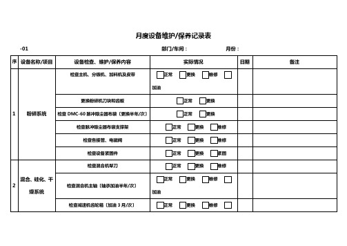 设备科月度设备维护保养记录表