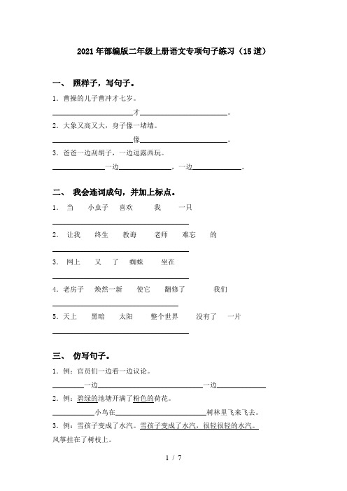 2021年部编版二年级上册语文专项句子练习(15道)