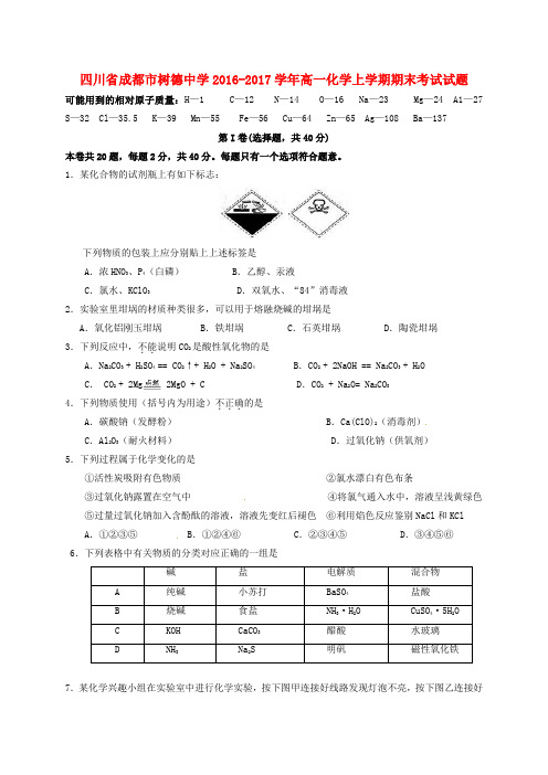 四川省成都市树德中学高一化学上学期期末考试试题