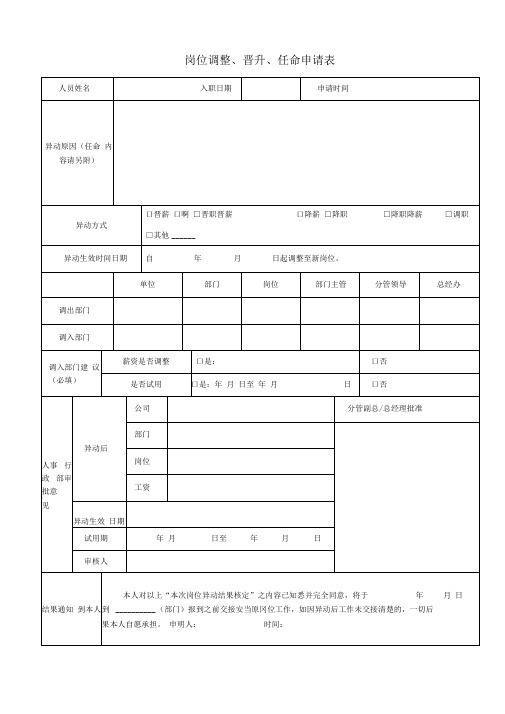 岗位调整、晋升、任命申请表