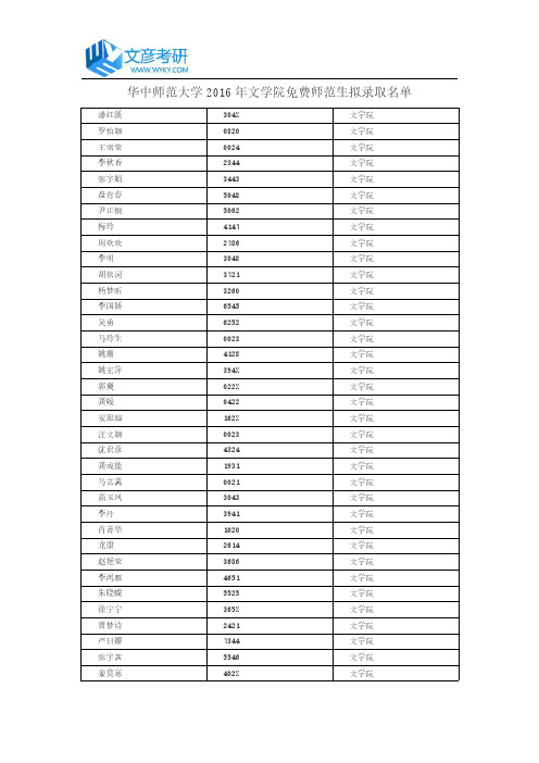 华中师范大学2016年文学院免费师范生拟录取名单