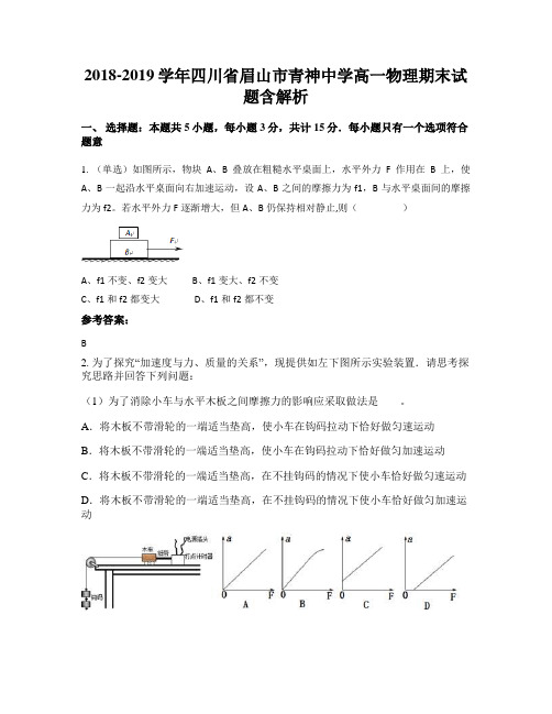 2018-2019学年四川省眉山市青神中学高一物理期末试题含解析