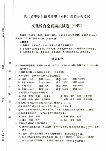 2021年贵州省中职生报考高职(专科)分类考试语文全真模拟(十四)