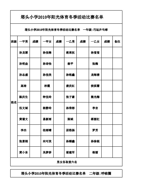 2010年冬季阳光体育活动比赛名单