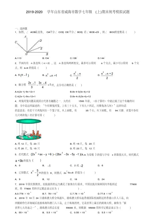 2019-2020学年山东省威海市数学七年级(上)期末统考模拟试题