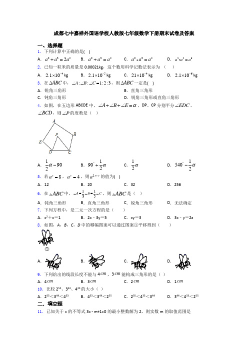 成都七中嘉祥外国语学校人教版七年级数学下册期末试卷及答案