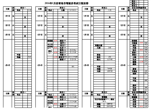 2016年1月份驾考日程安排(青岛)