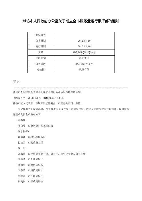 潍坊市人民政府办公室关于成立全市服务业运行指挥部的通知-潍政办字[2012]59号