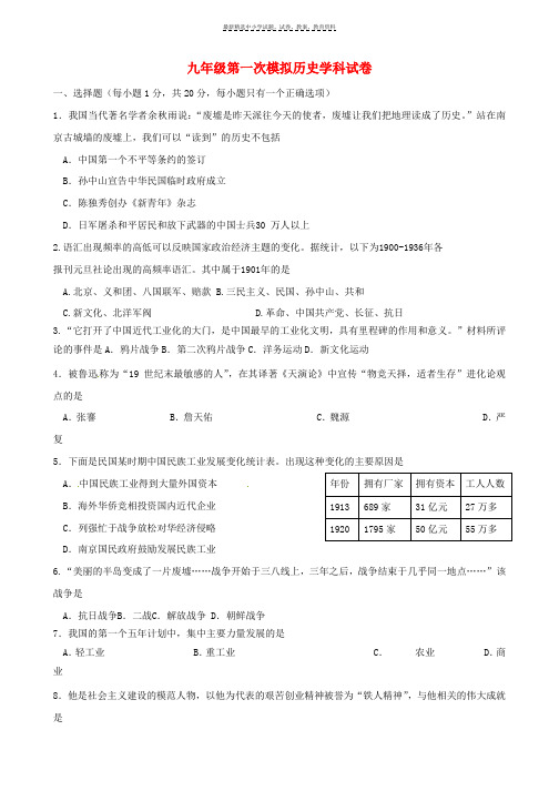 2018届九年级历史下学期第一次模拟考试试题