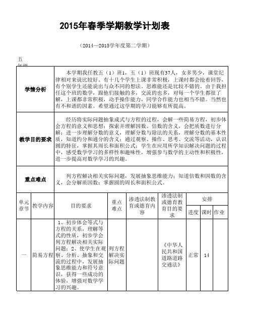 2015春数学计划表