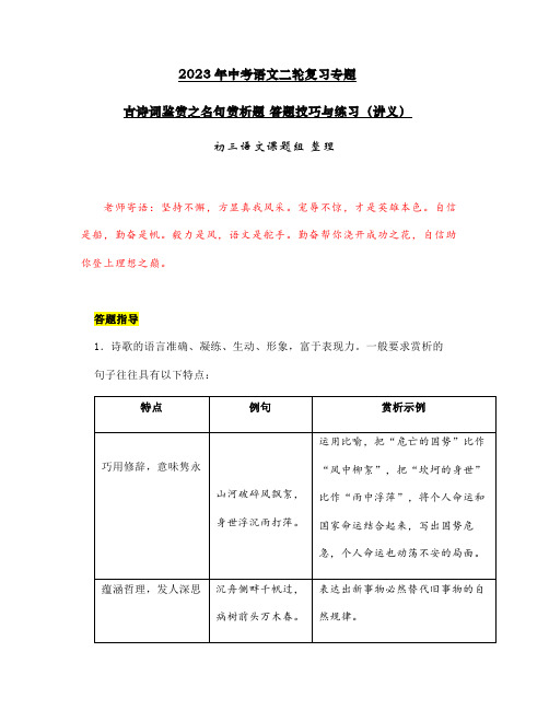 古诗词鉴赏之名句赏析题+答题技巧与练习++++++2023年中考语文二轮复习