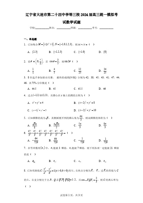 辽宁省大连市第二十四中学等三校2024届高三统一模拟考试数学试题(含解析)