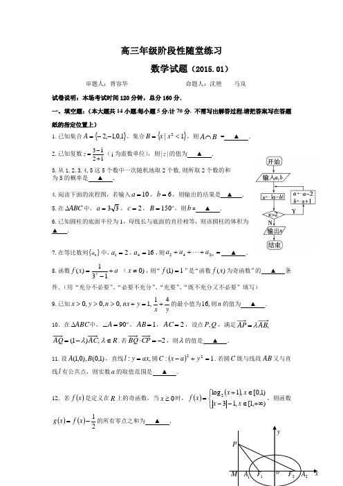 江苏省盐城中学2015届高三上学期1月月考数学试题及答案