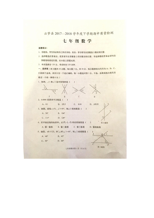 云梦县2017-2018学年度下学期期中质量检测七年级数学(含答案)