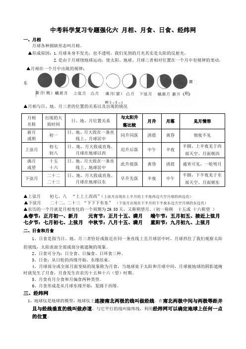 中考科学复习专题强化六 月相、月食、日食、经纬网