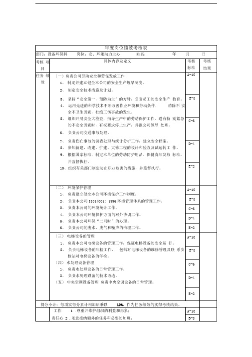 安、环兼动力主办年度岗位绩效考核表