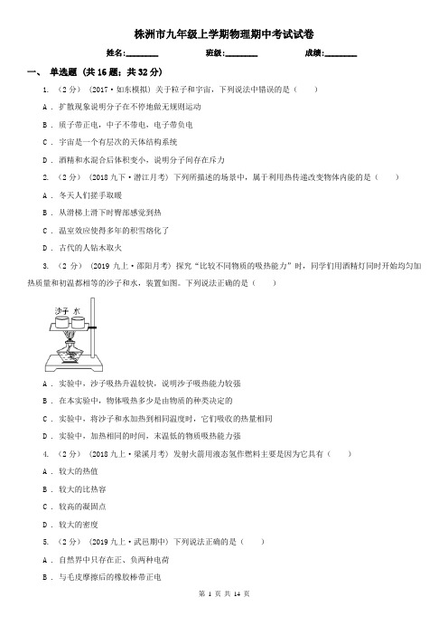 株洲市九年级上学期物理期中考试试卷