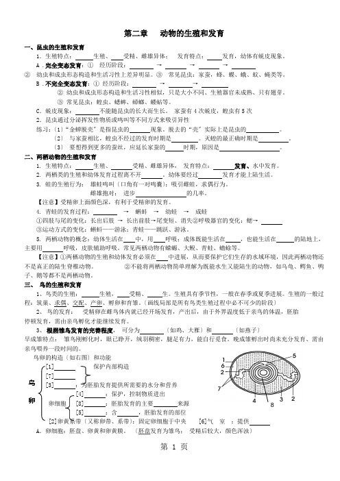 济南版生物八年级上第二章《动物的生殖和发育》基础知识填空(无答案)