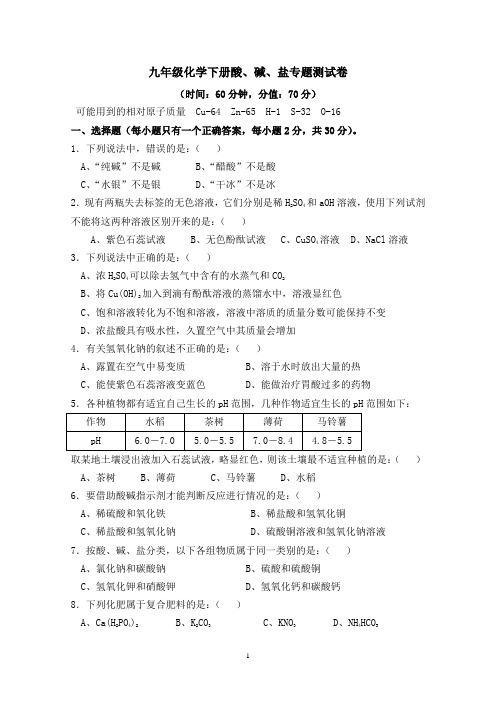 2020年初中九年级化学下册酸、碱、盐专题测试卷