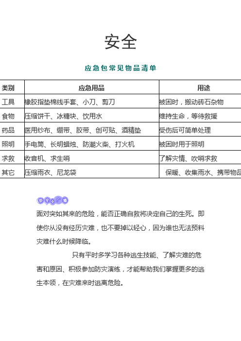 应急包常见物品清单